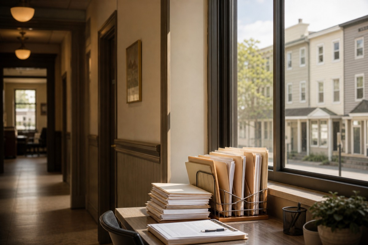 Quiet housing-program office overlooking residential buildings