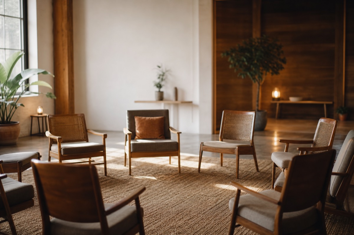 Warm community meeting space with empty chairs in a circle